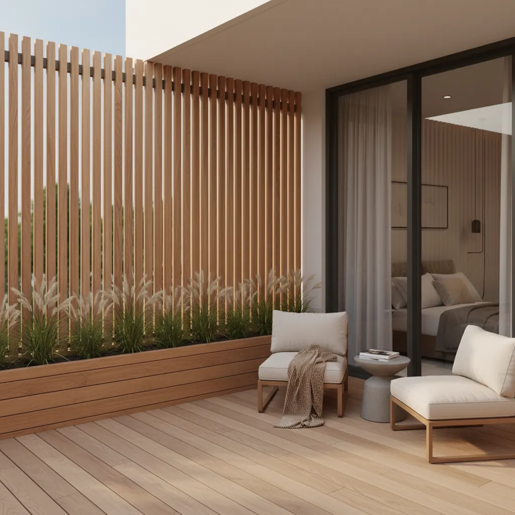 Small bedroom deck with vertical wood privacy screen and plants