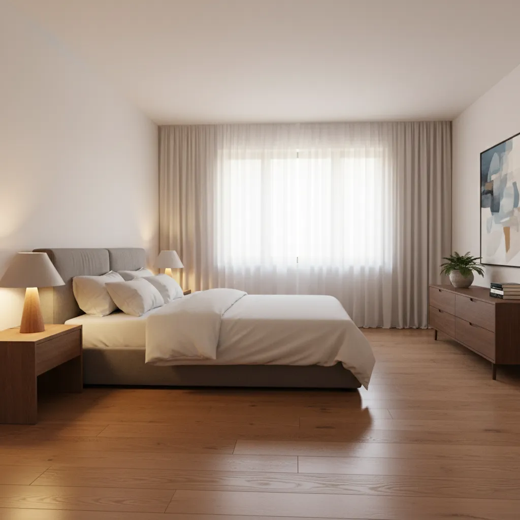 Modern bedroom interior with grey bed wooden floor large window white curtains cabinet and lamps