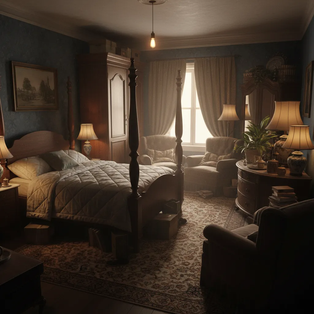 Vintage dark bedroom with wooden bed several table lamps classic furniture armchairs and patterned rug