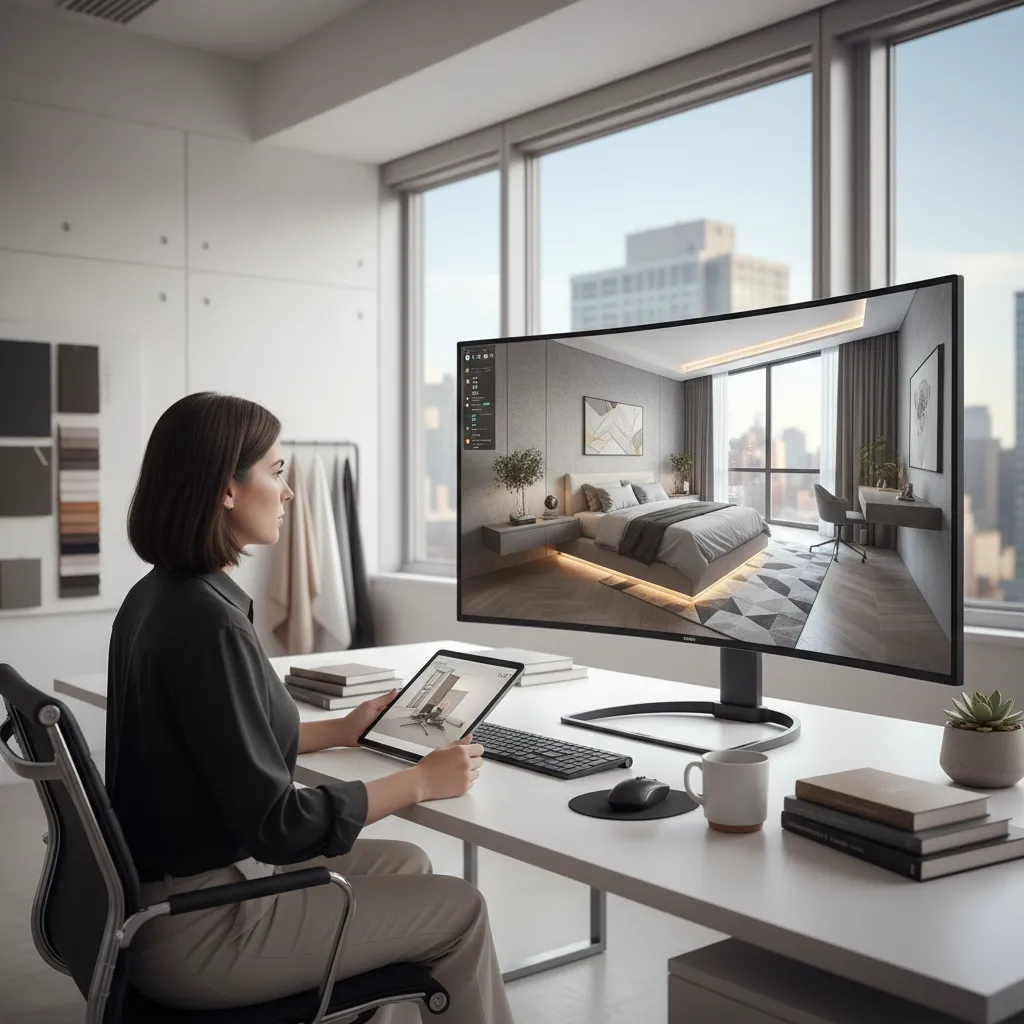 Designer using computer and tablet creating a modern bedroom interior design drawing in an office