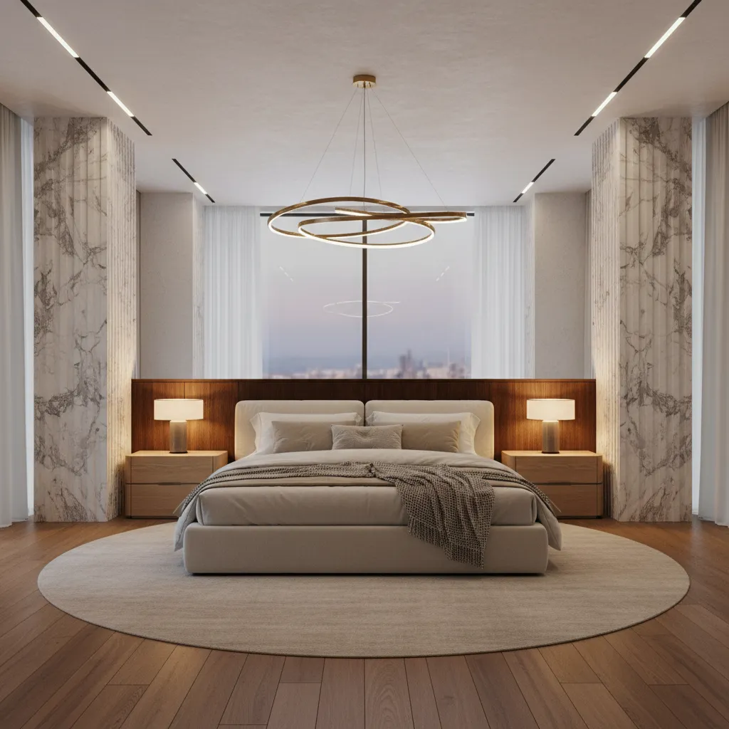 Modern bedroom with marble pillars circular rug ring ceiling light large bed and city view