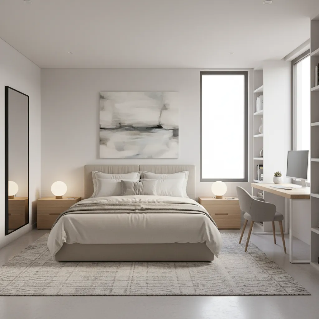 15x11 bedroom layout with bed and workspace desk near window