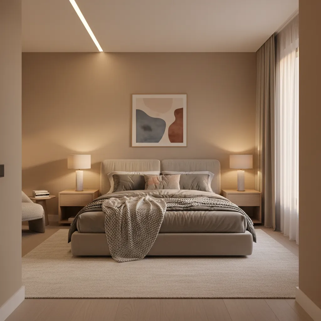 Modern bedroom with dimmer controlled lighting and bedside lamps