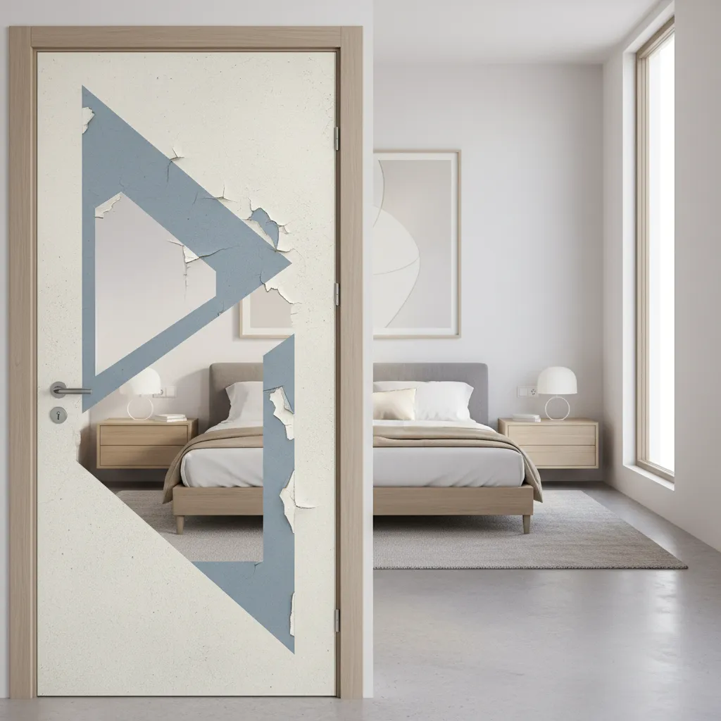 bedroom door with uneven paint and peeling sticker decoration
