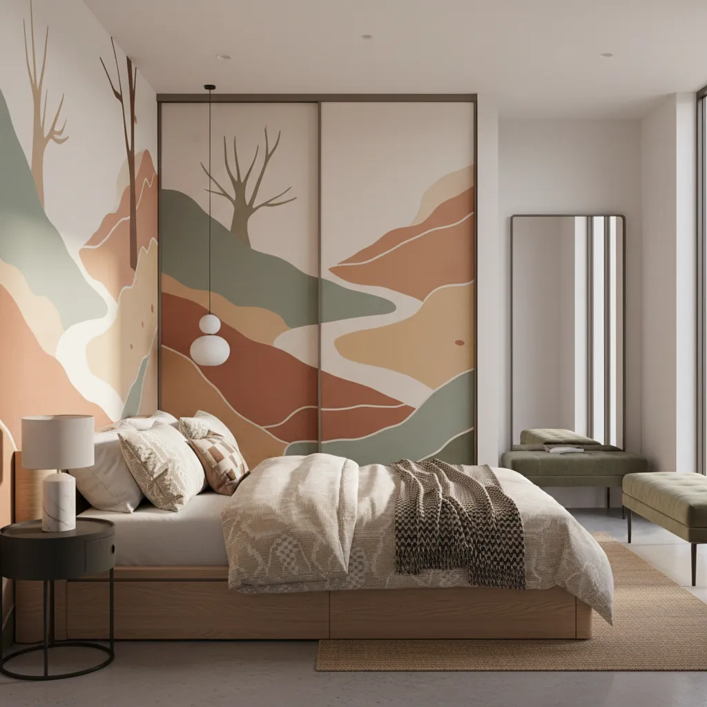 Bedroom door with subtle mural extending onto wall