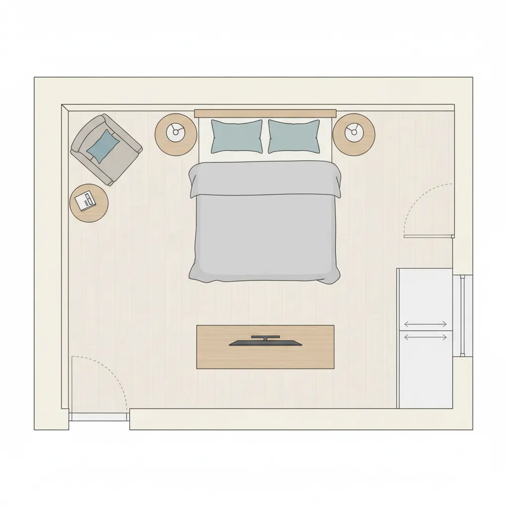 Bedroom plan showing door swing arcs affecting furniture placement