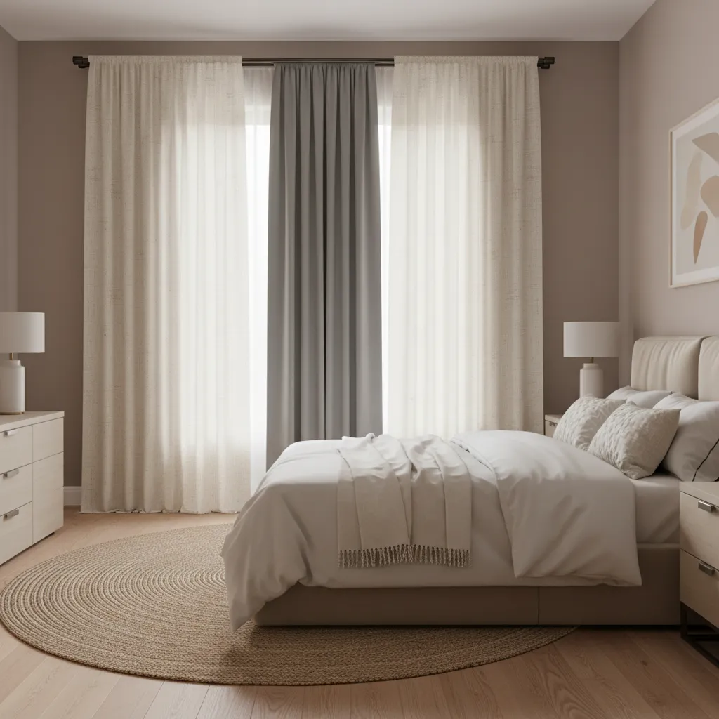 Bedroom window with layered cream curtains and blackout lining