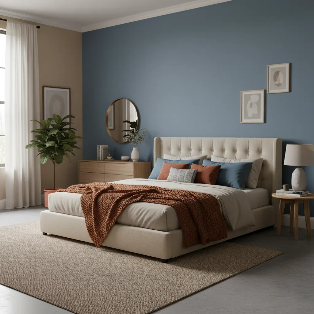 Bedroom interior with dusty blue and beige wall colour combination