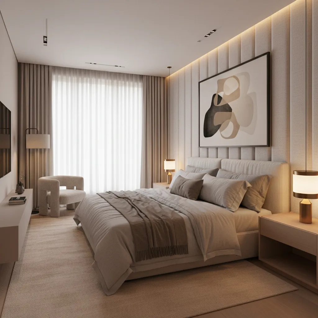 Modern beige bedroom with a large bed wall panel painting nightstand and warm light fixtures