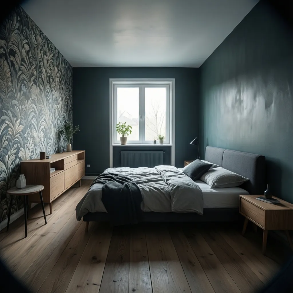 Balanced bedroom design with wallpaper accent wall and painted surrounding walls