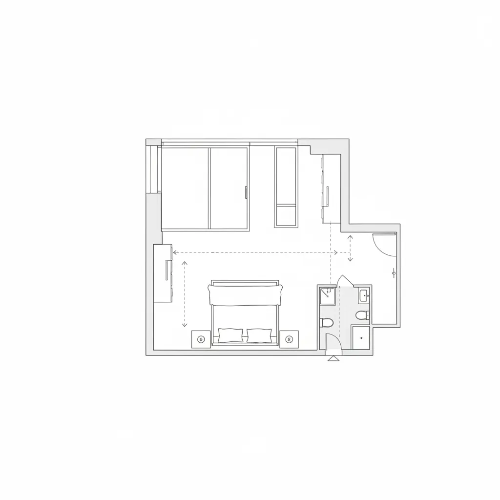 master bedroom floor plan showing bed placement windows and walking paths