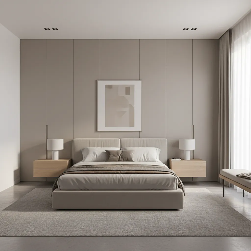 bedroom wall with built in full height wardrobe and clean layout