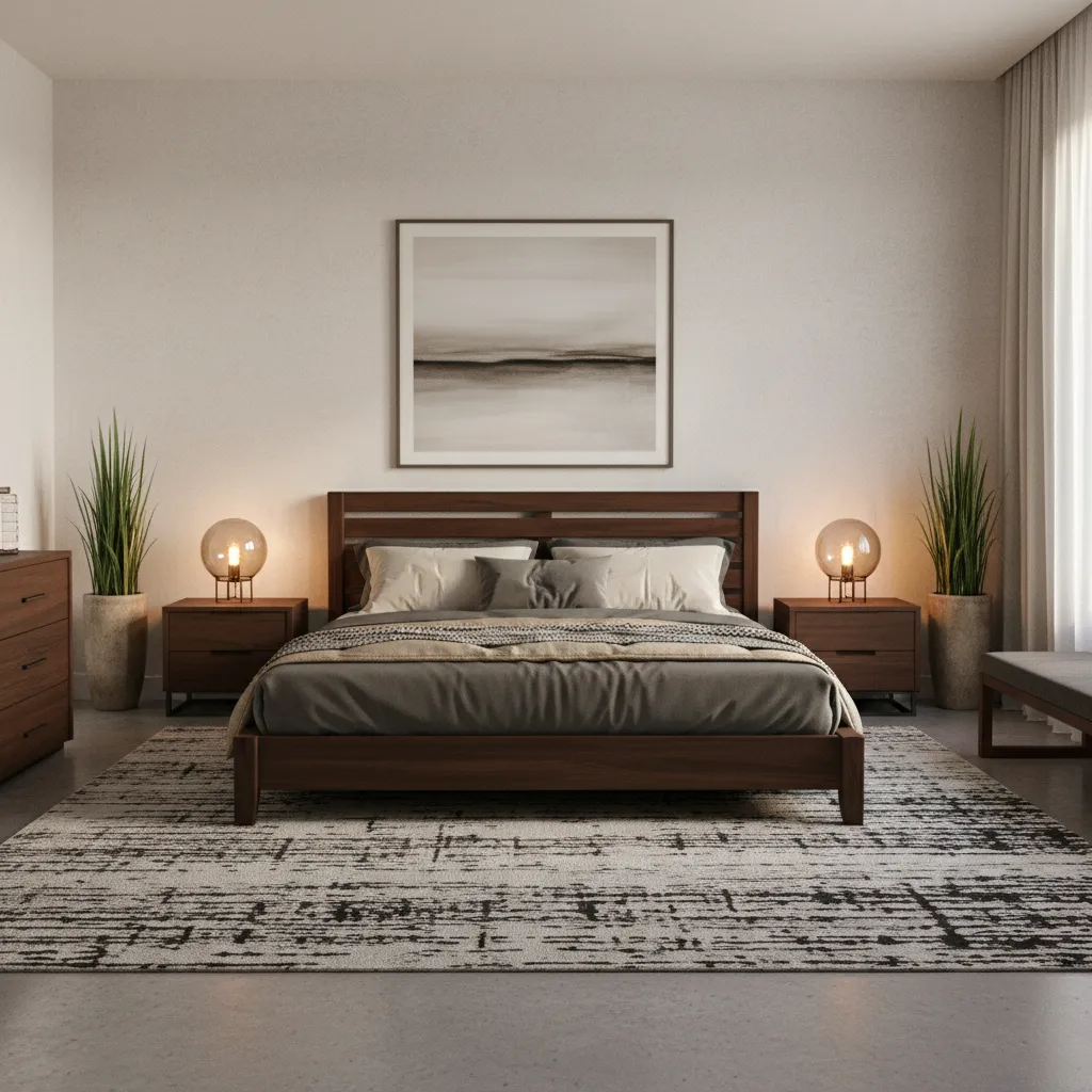 Masculine bedroom showing bed frame and lighting as main design elements
