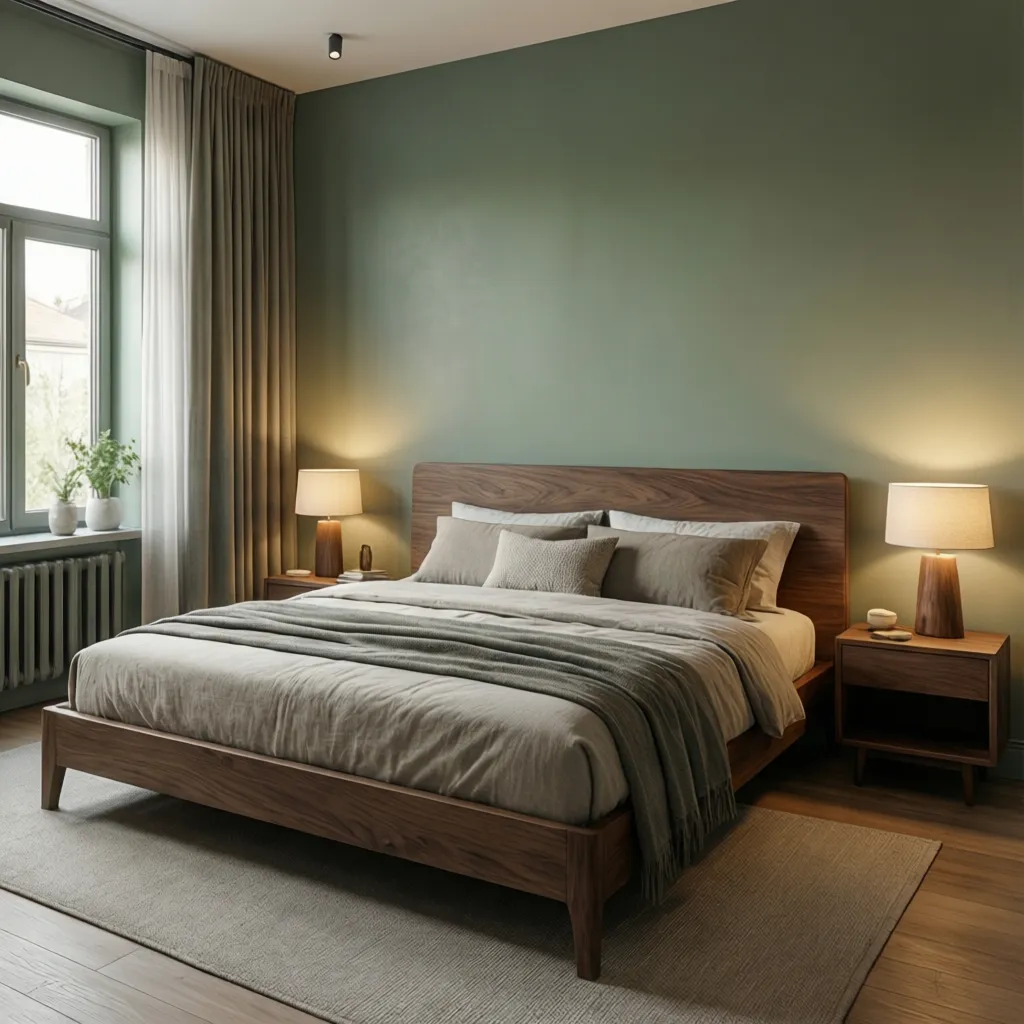 Bedroom showing harmony between wall color and wood furniture
