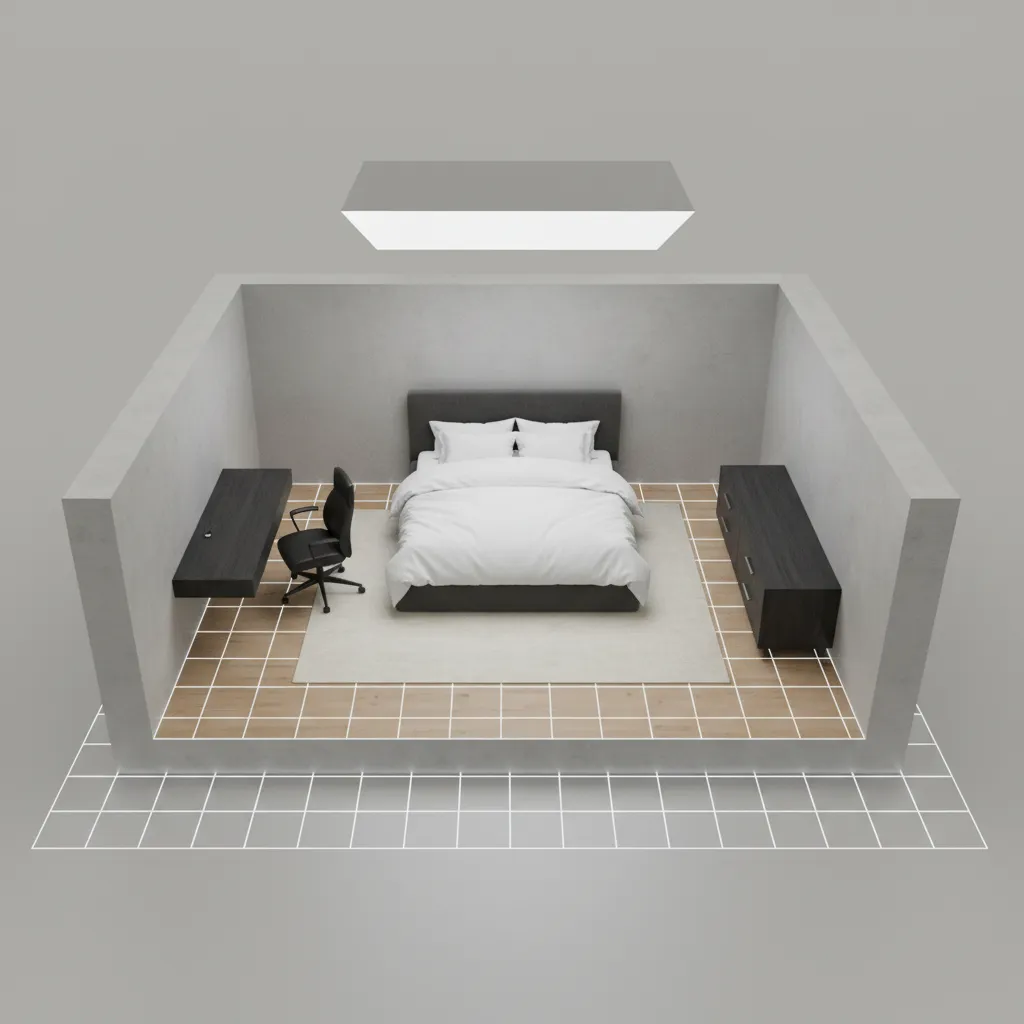 3d bedroom layout showing furniture placement planning