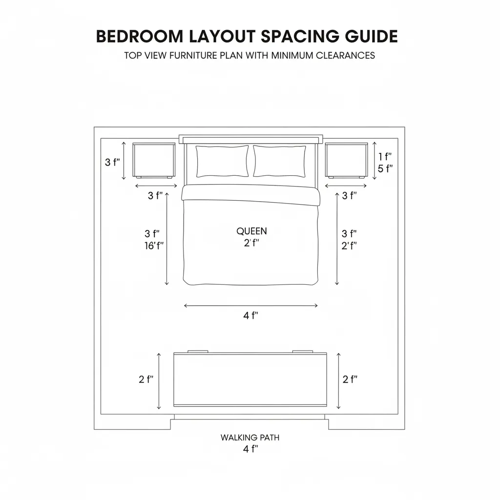 diagram showing recommended spacing around bed and furniture