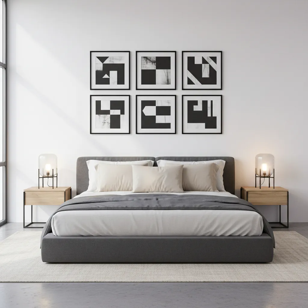 grid layout gallery wall above bed with identical frames