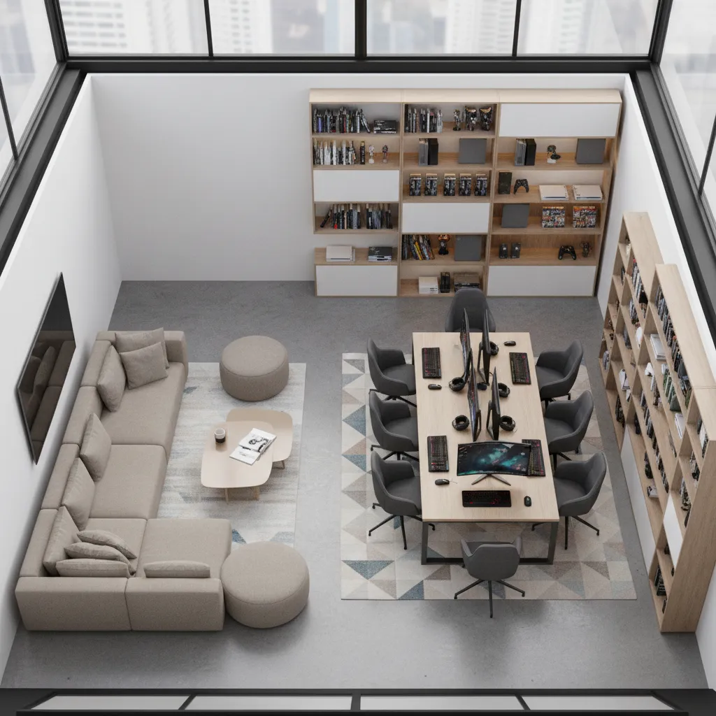 Game room layout showing play zone seating zone and storage zone