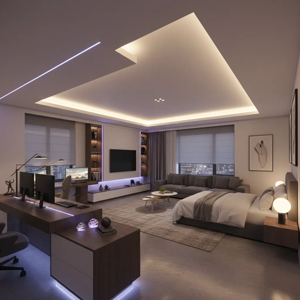 Layered lighting setup in a modern bedroom game room