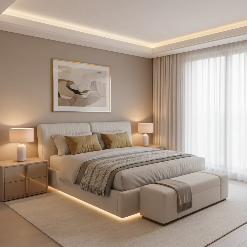 Modern bedroom styled with gold accent pillows on upholstered bed