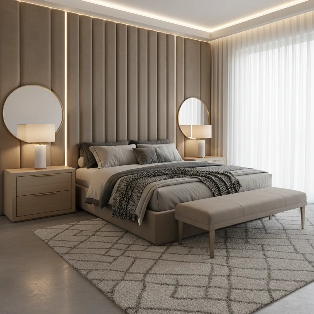 Dormitorio con cabecero tapizado grande como punto focal