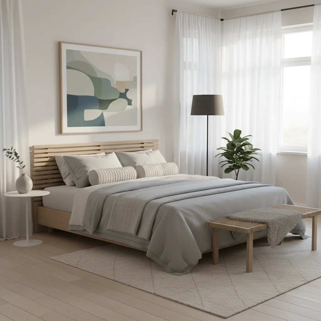 bedroom with neatly made bed and organized pillows demonstrating visual reset