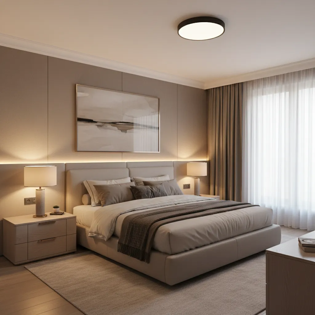 Warm bedroom with beige wall panel ceiling light table lamps grey bed and white window curtains