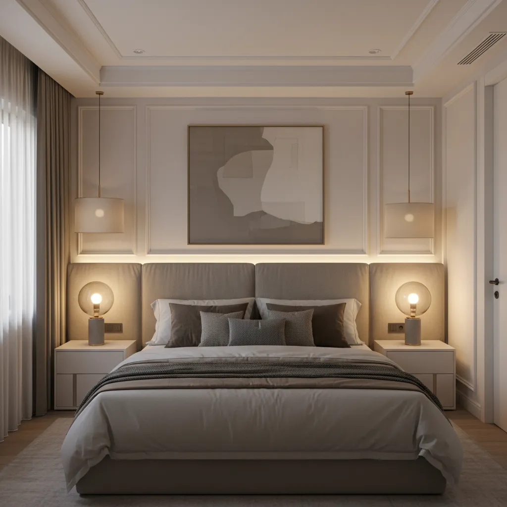 Phòng ngủ với nhiều lớp ánh sáng gồm đèn trần và đèn đầu giường