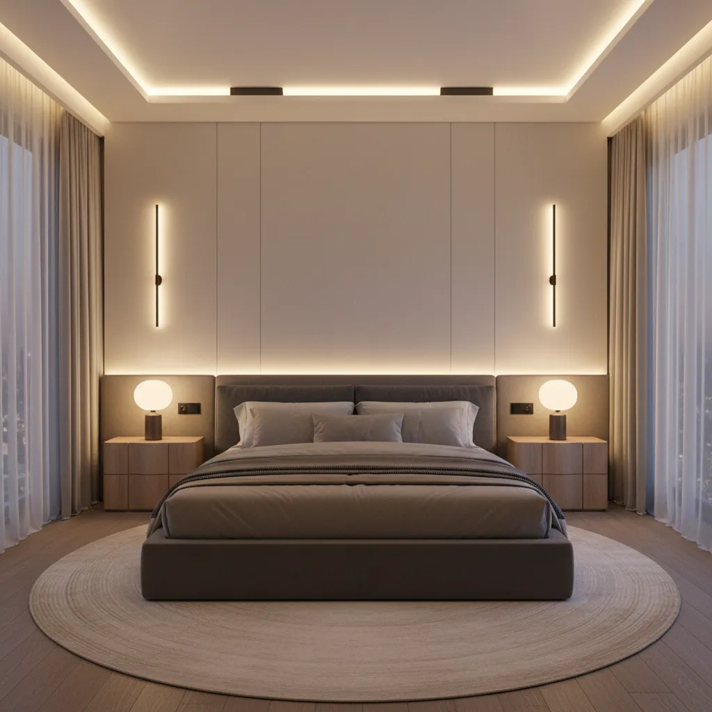 bedroom showing layered lighting ceiling light bedside lamps and wall sconces