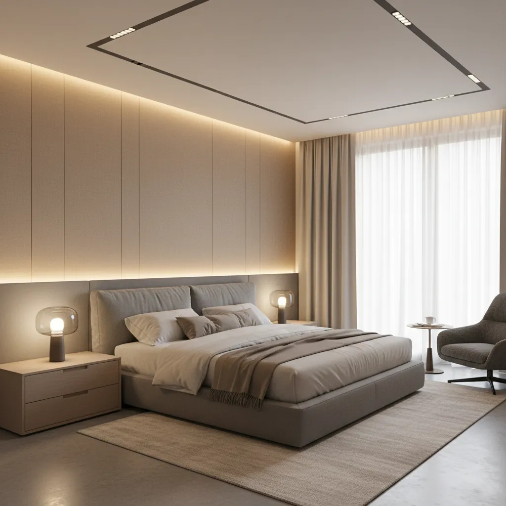Bedroom interior demonstrating layered lighting with ceiling light bedside lamps and accent lighting