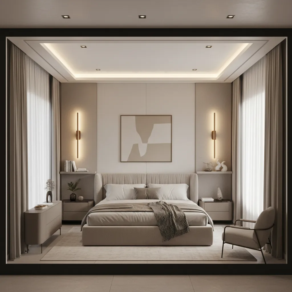 Diagram style visualization of layered bedroom lighting including wall sconces and ambient lighting