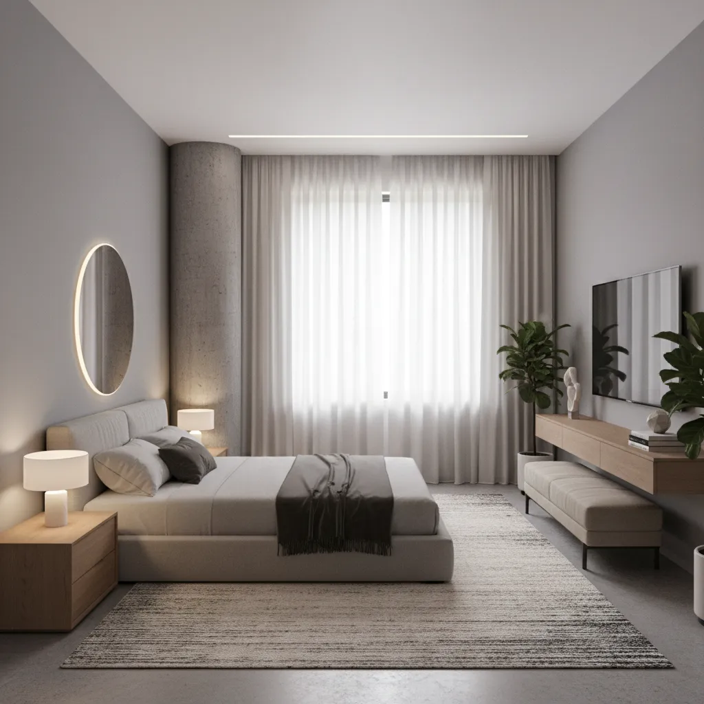 Bedroom layout demonstrating smart furniture placement around a pillar