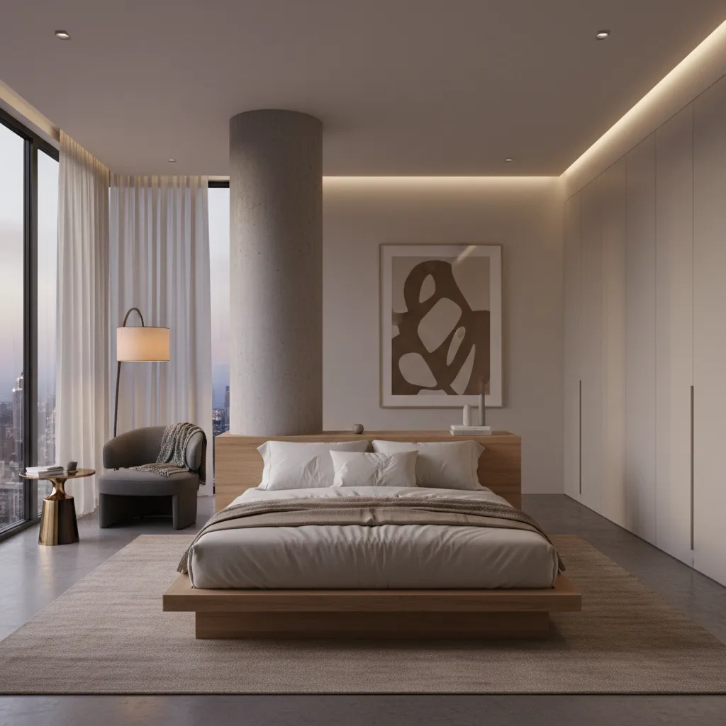 Modern bedroom with wooden bed, concrete pillar, grey armchair, floor lamp, rug, and large windows