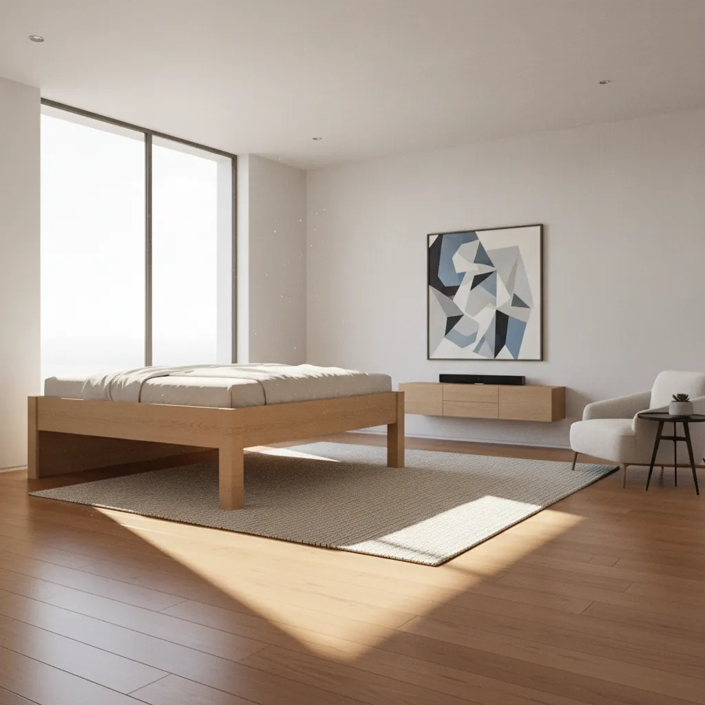 Bedroom showing airflow and cleaning space under bed frame