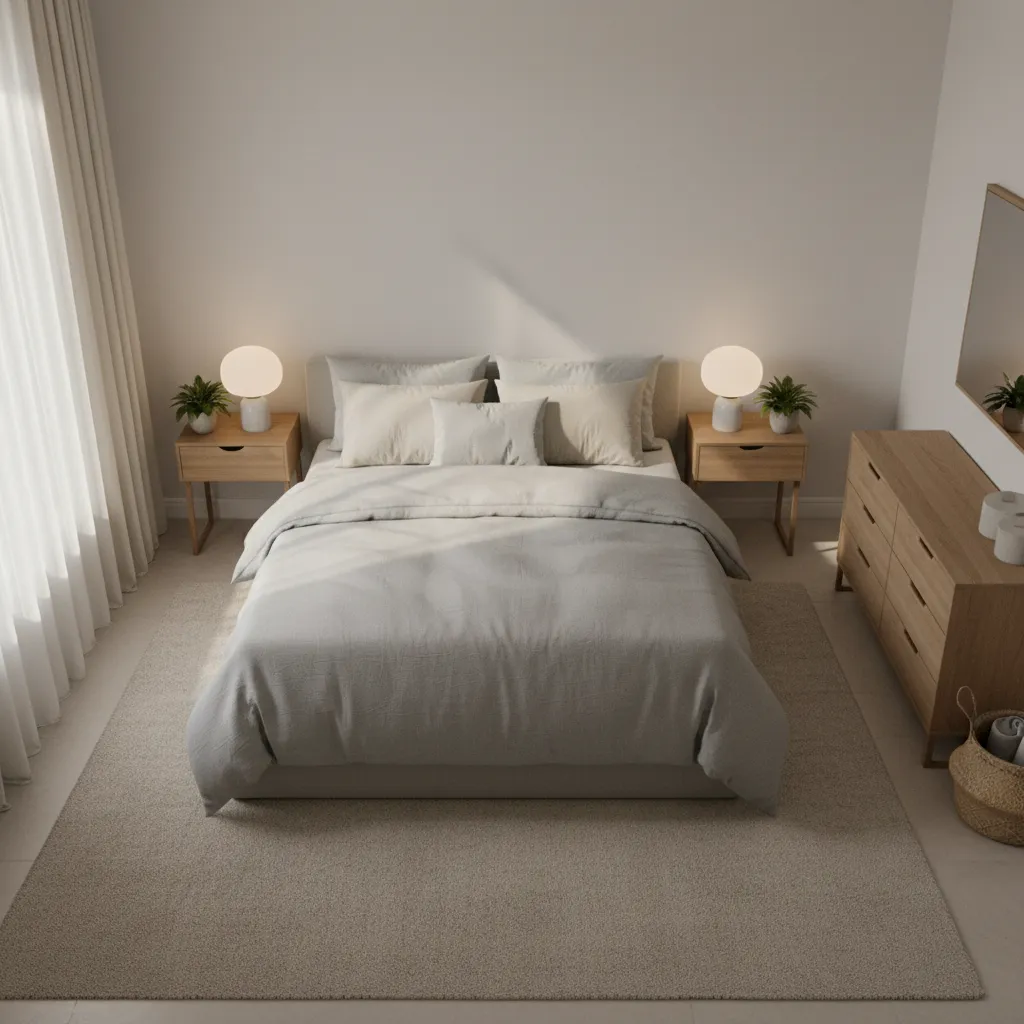 Minimalist bedroom with grey bed two wooden nightstands round white lamps and large wood cabinet