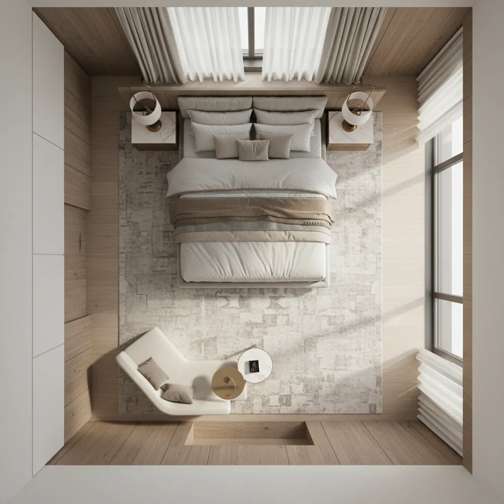 Luxury bedroom layout showing balanced furniture placement and circulation space