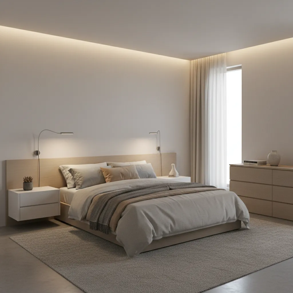 Small bedroom with wall mounted LED reading lights above bedside tables
