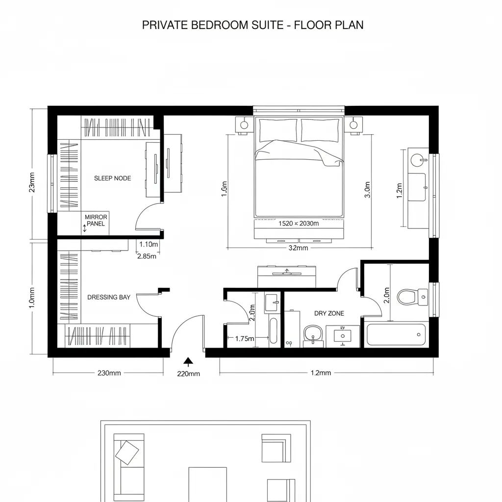 Top-down CAD plan of bedroom suite accessed via a book-lined corridor with ensuite