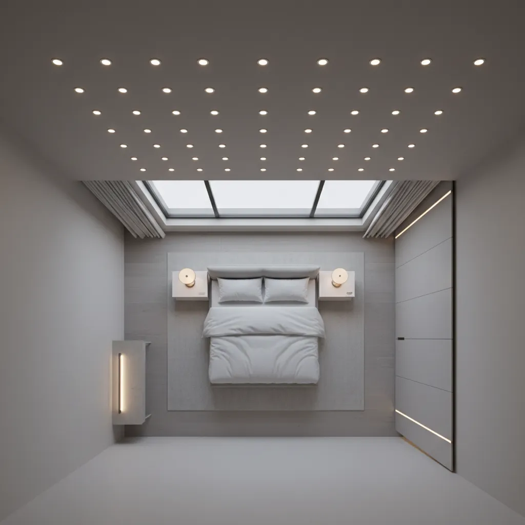 Bedroom lighting placement diagram showing spacing between ceiling lights