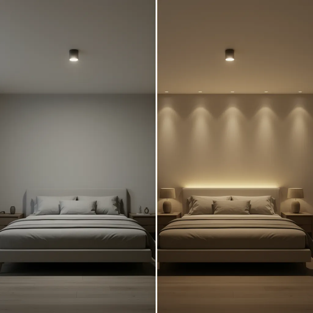 Comparison showing bedroom with single ceiling light versus layered lighting setup