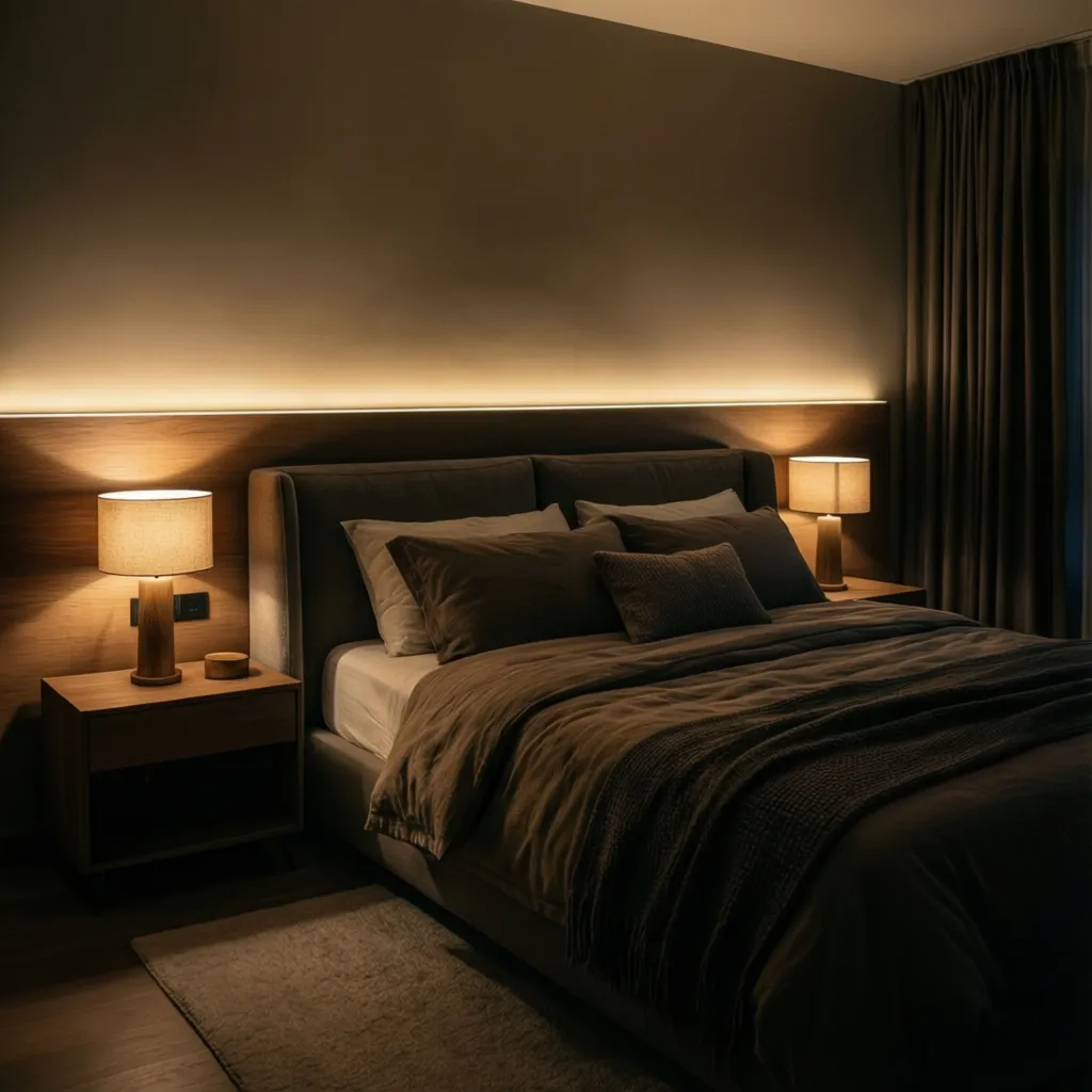 Modern bedroom with warm lighting from two table lamps and light strip behind the bed