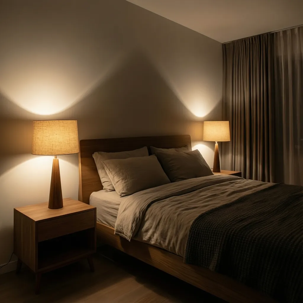 Cozy bedroom with wooden bed, grey bedding, two table lamps on nightstands and long curtains