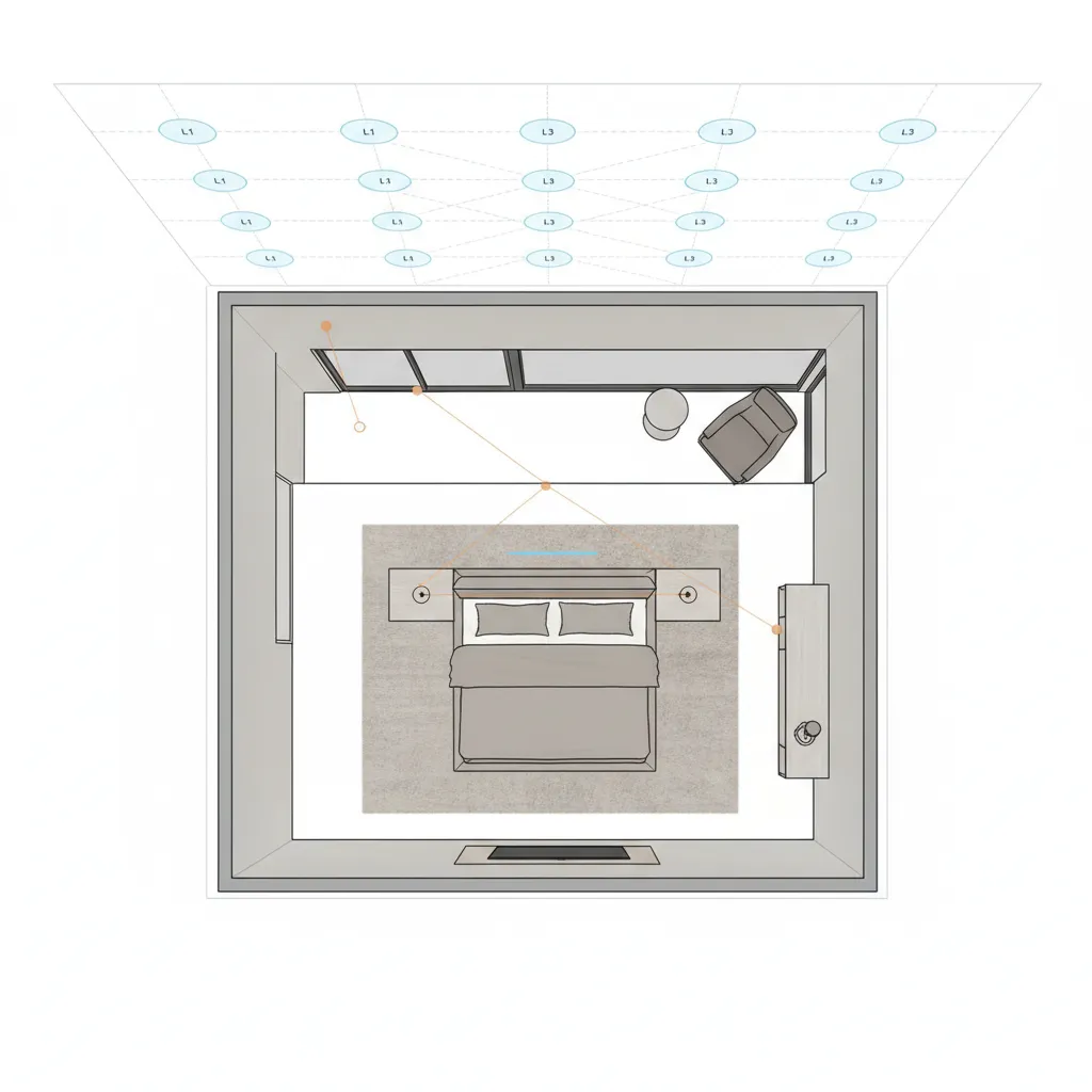 Bedroom floor plan showing lighting zones for ceiling lights bedside lamps and accent lighting