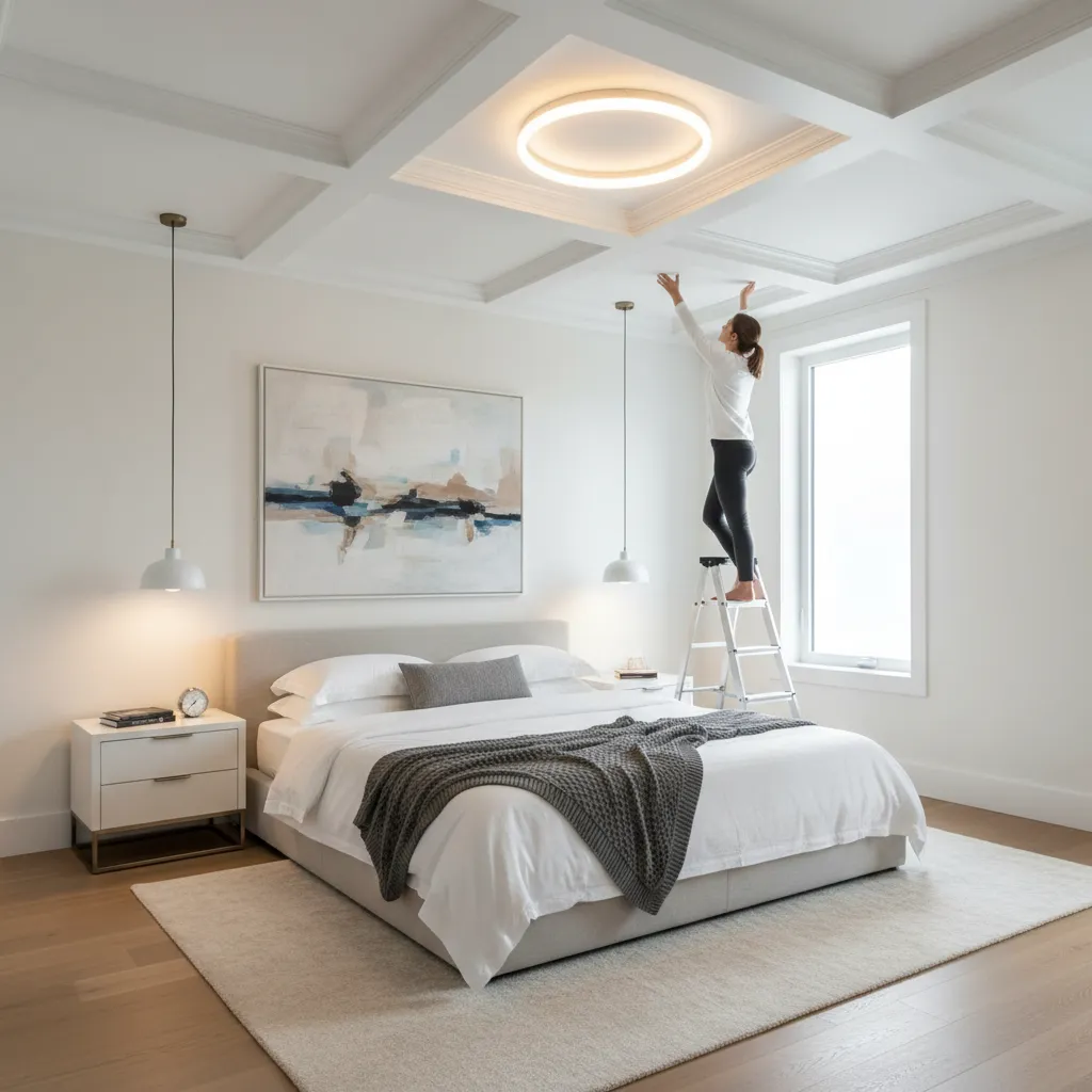 Homeowner inspecting bedroom ceiling light for maintenance and safety
