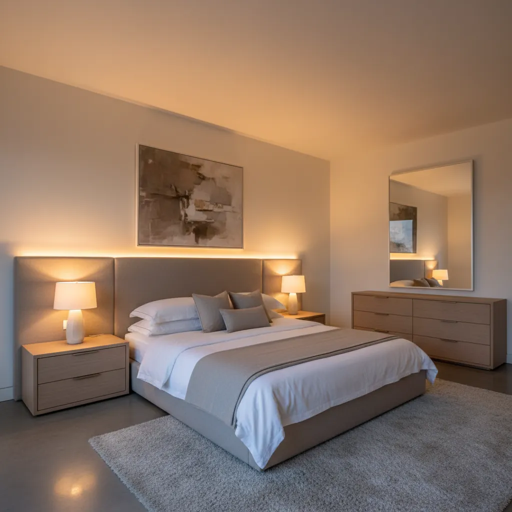 Iluminación indirecta en dormitorio moderno detrás del cabecero