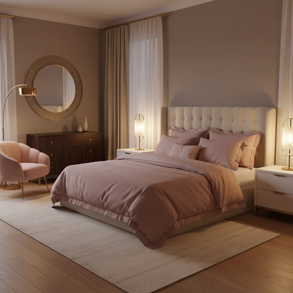 Bedroom demonstrating warm lighting effect on pink and gold decor