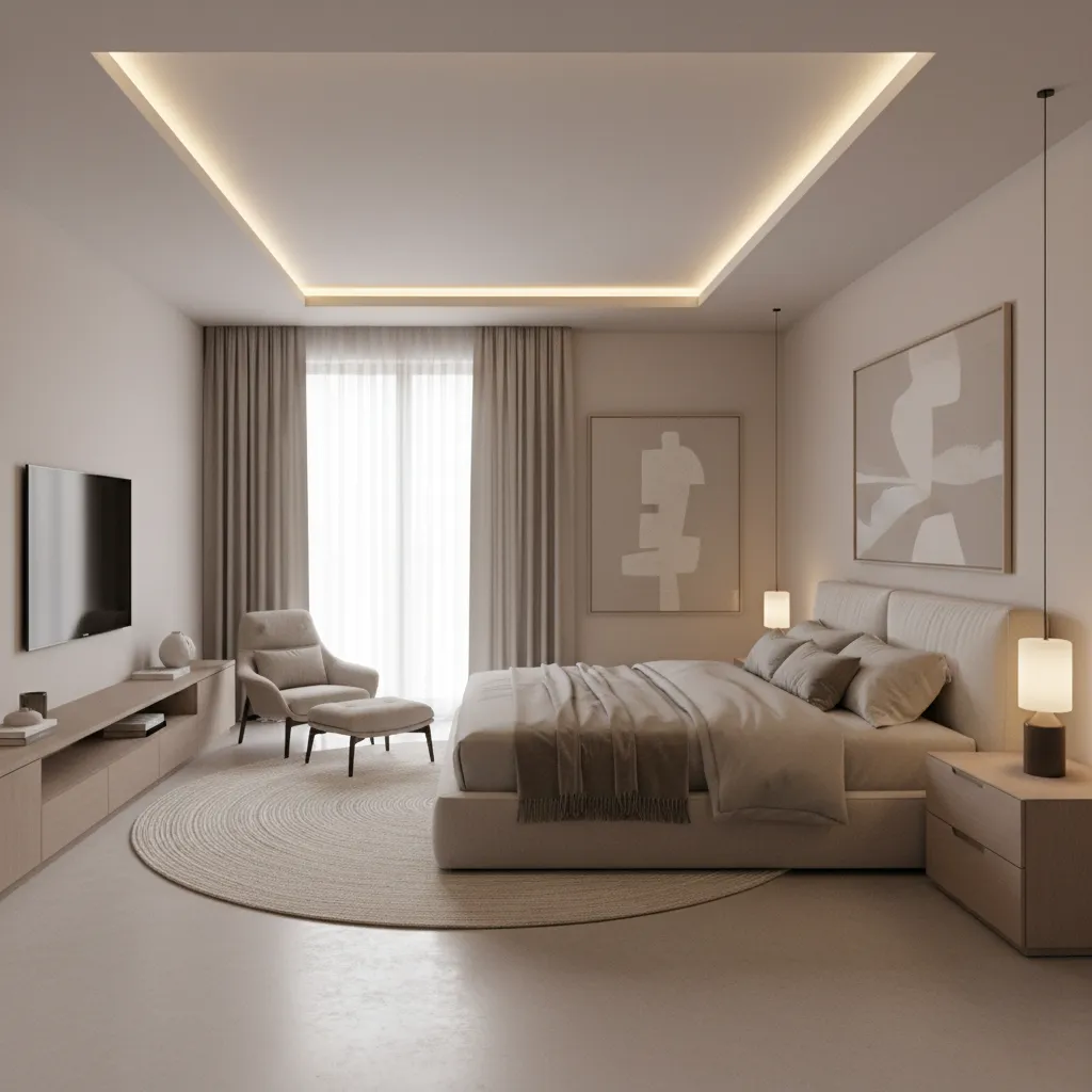 Bedroom ceiling lighting layout showing recessed lights and bedside lamps