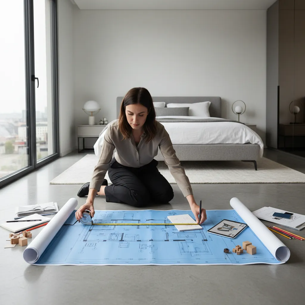 designer planning bedroom layout with floor plan measurements