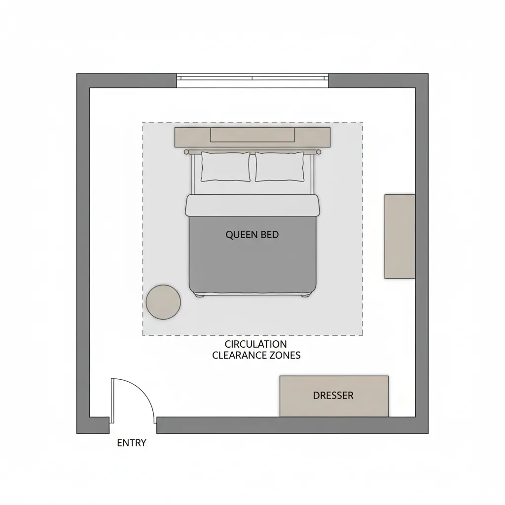 bedroom layout diagram showing walking clearance around bed