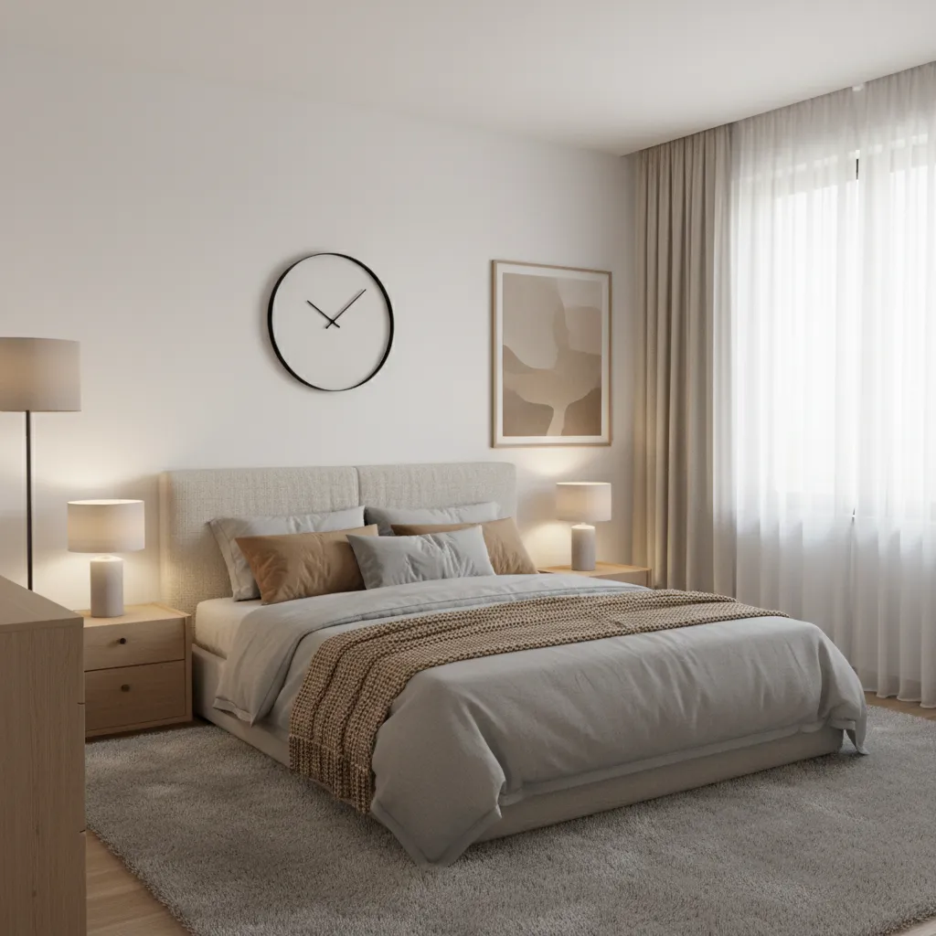 Minimal silent wall clock in a calm bedroom interior